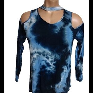 Women’s Simply Southern Blue Tie Dye LS Cold Shoulder Choker V Neck Top S